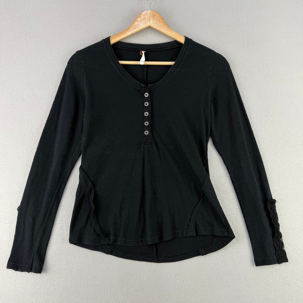 Poof Y2K Henley Top Women Small Black Casual Lace Trim Long Sleeve
